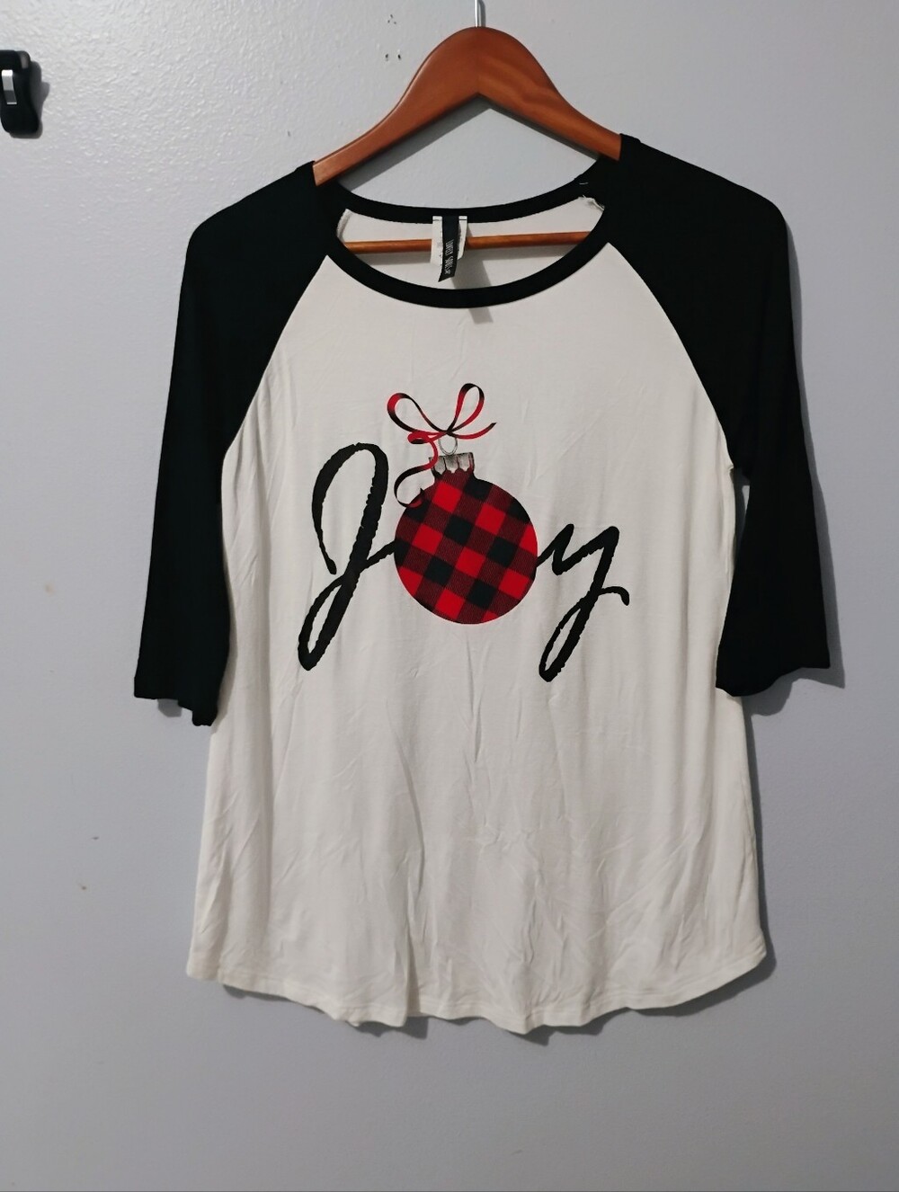 Black & White 'Joy' Raglan Tee with Red Plaid Ornament